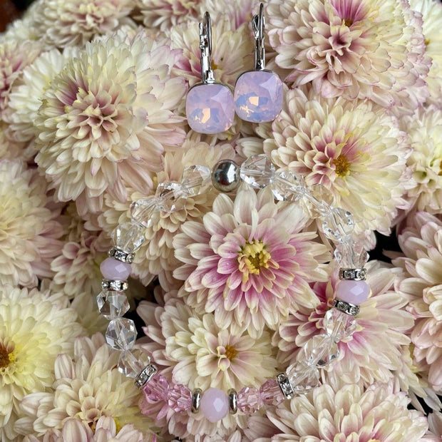 Clear Quartz Bracelet and Opal Pink Premium Crystal Earrings Set