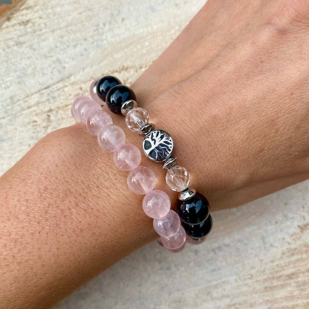Rose Quartz, Clear Quartz, and Black Tourmaline Stack Bracelet
